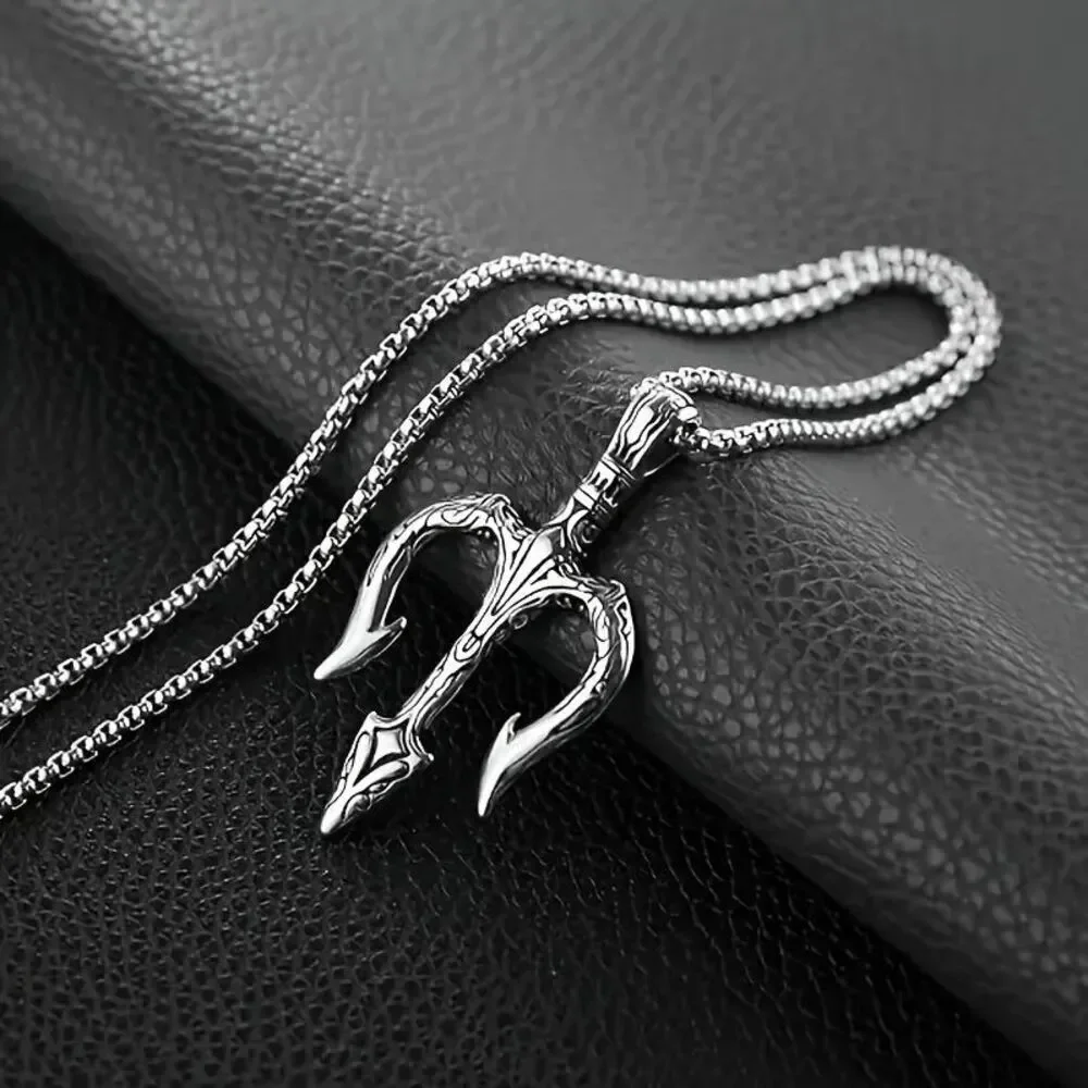 Men's Nordic Viking Amulet Poseidon Trident Stainless Steel Pendant Necklace